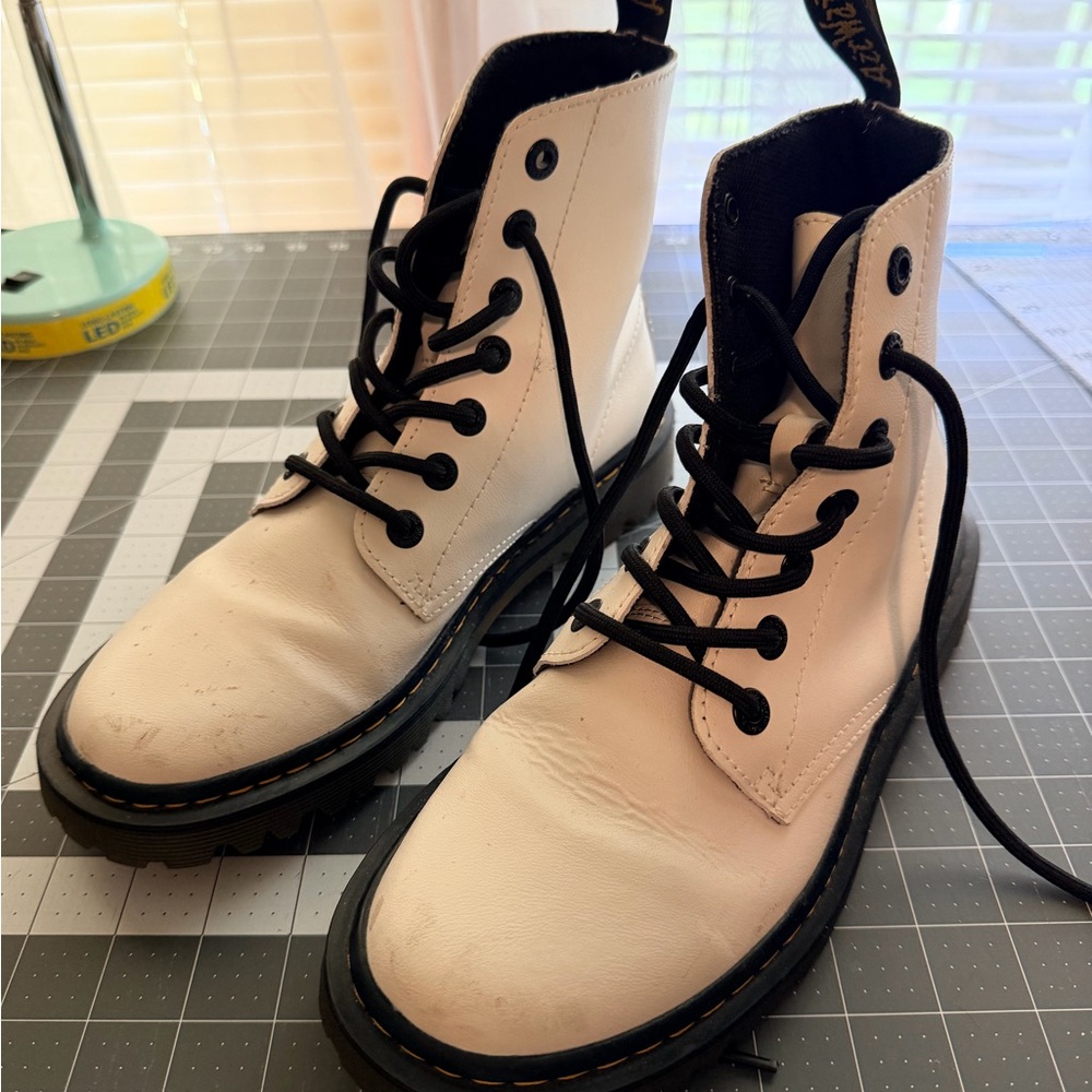 Dr. Martens White Leather Lace-Up Combat Boots with Black Trim
